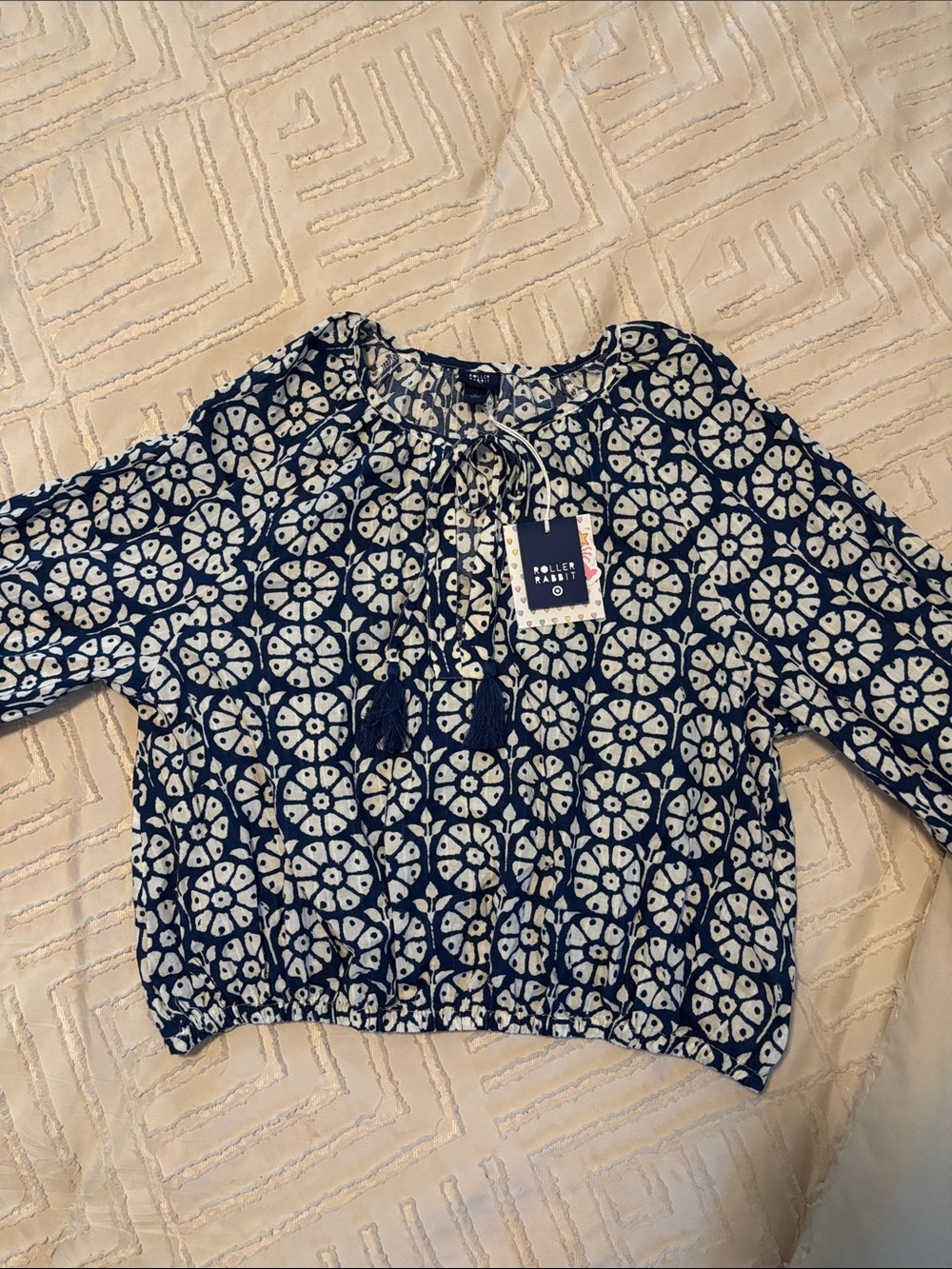 Roller Rabbit Navy and White Print Tie-Front Peasant Blouse